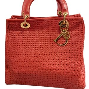 CHHRISTIAN DIOR Red Woven Leather Medium Lady Dior Tote Bag